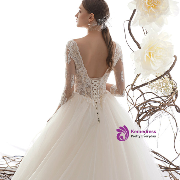 Light Champagne Ball Gown Tulle V-neck Backless Half Sleeve Wedding Dress With Beading
