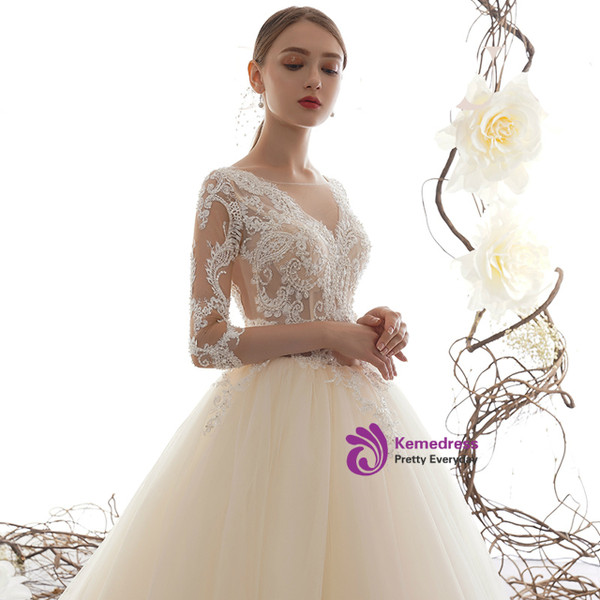 Champagne Tulle Lace Appliques Half Sleeve See Through Wedding Dress With Train