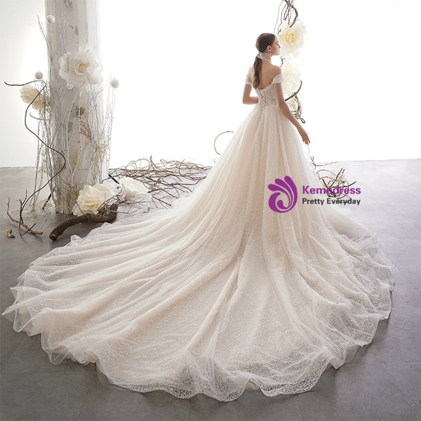 Champagne Ball Gown Tulle Sequins Lace Off the Shoulder Appliques Wedding Dress