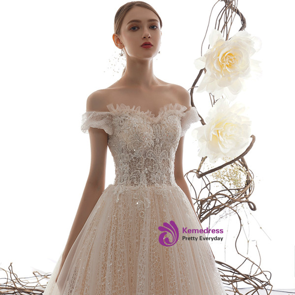 Champagne Ball Gown Tulle Sequins Lace Off the Shoulder Appliques Wedding Dress