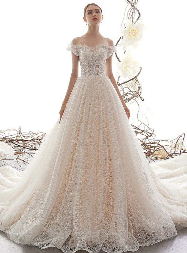 Champagne Ball Gown Tulle Sequins Lace Off the Shoulder Appliques Wedding Dress