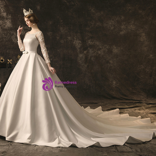Elegant White Ball Gown Satin Long Sleeve Wedding Dress With Beading 