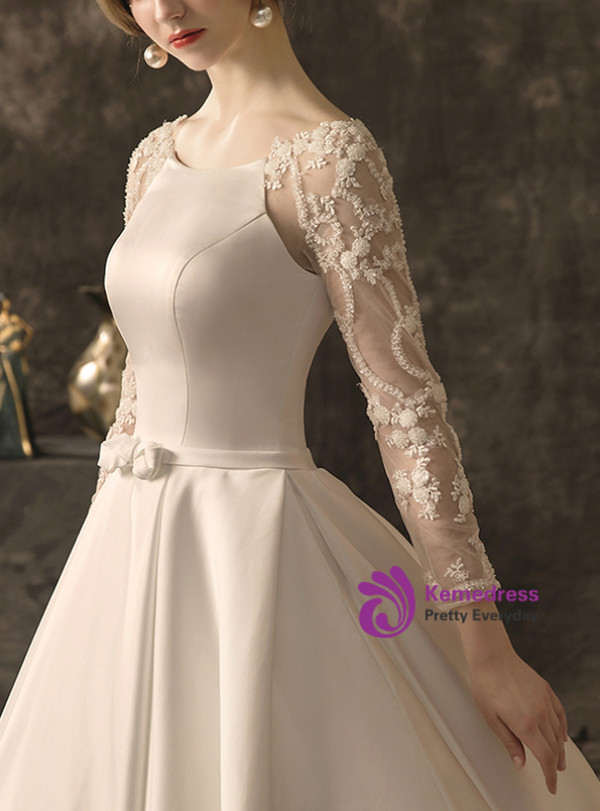 Elegant White Ball Gown Satin Long Sleeve Wedding Dress With Beading 