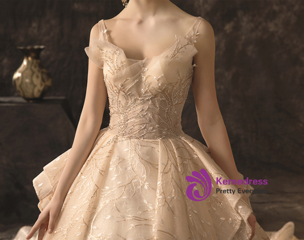 Champagne Tulle Lace V-neck Backless Wedding Dress With Beading With Train