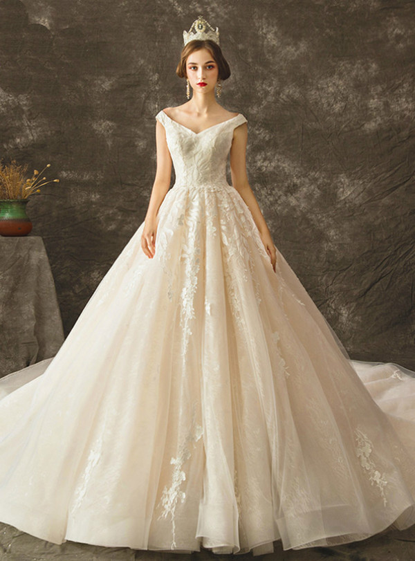 Champagne Off the Shoulder Tulle Lace Appliques Wedding Dress With Train