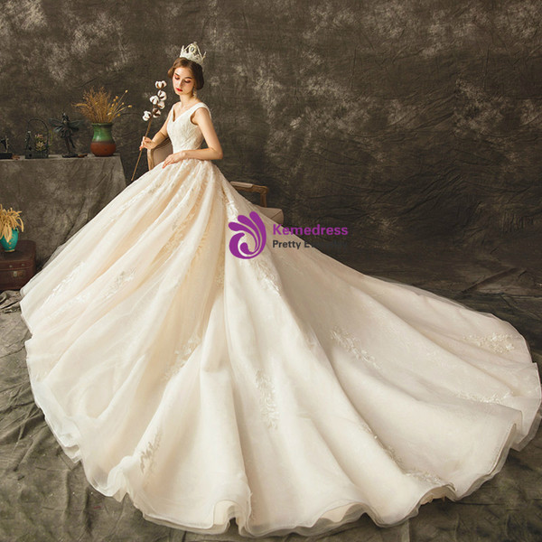 Champagne Off the Shoulder Tulle Lace Appliques Wedding Dress With Train