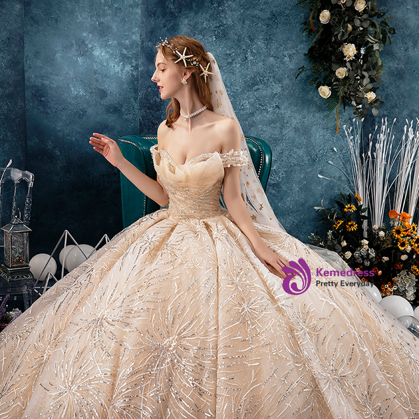 Champagne Gold Ball Gown Tulle Sequins Off the Shoulder Wedding Dress