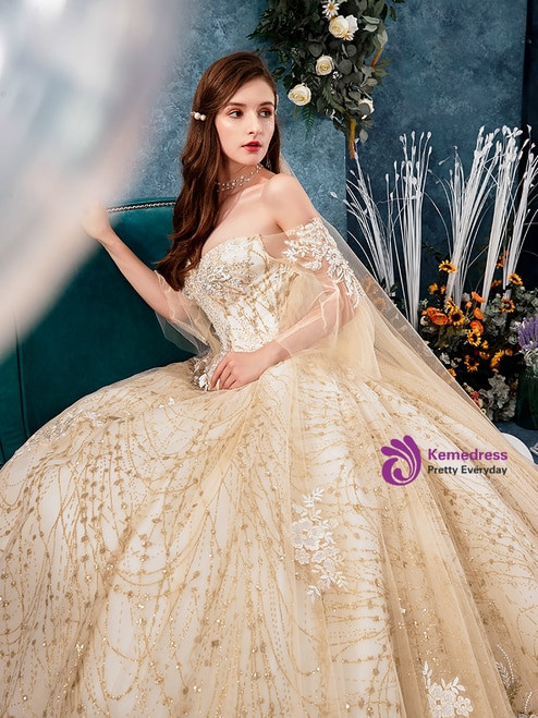 Delicate Champagne Tulle Sequins Off the Shoulder Butterfly Sleeve Appliques Wedding Dress