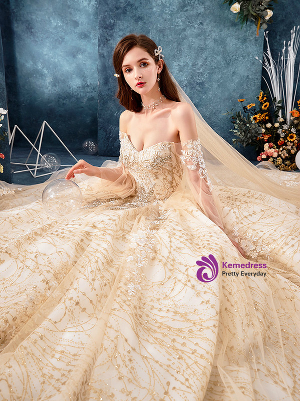 Delicate Champagne Tulle Sequins Off the Shoulder Butterfly Sleeve Appliques Wedding Dress