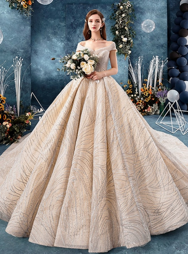 Fashionable Champagne Tulle Sequins Off the Shoulder Wedding Dress With Beading
