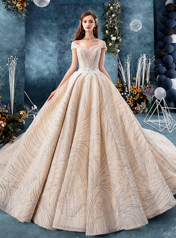 Fashionable Champagne Tulle Sequins Off the Shoulder Wedding Dress With Beading