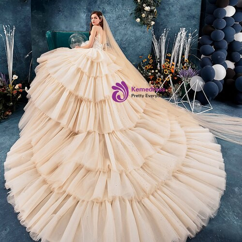 Attractive Champagne Tulle Spaghetti Straps Lace Appliques Backless Wedding Dress