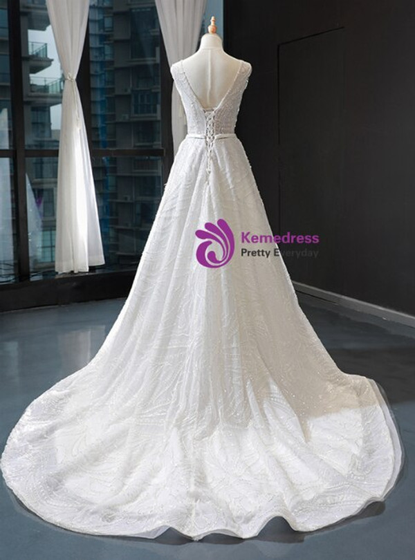Adorable White Tulle Backless See Through Wedding Dress With Beading
