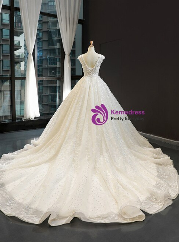 Ivory White Tulle Appliques Backless Cap Sleeve Wedding Dress With Pearls