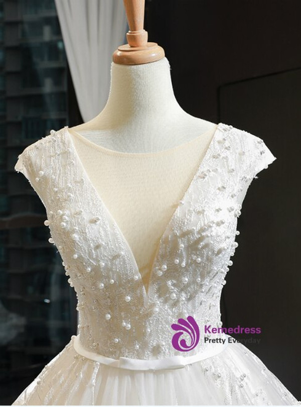 Ivory White Tulle Appliques Backless Cap Sleeve Wedding Dress With Pearls