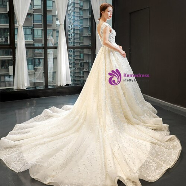 Ivory White Tulle Appliques Backless Cap Sleeve Wedding Dress With Pearls