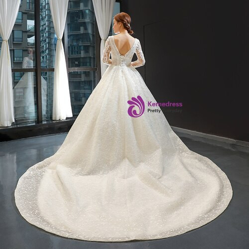 Brilliant Ivory Ball Gown V-neck Long Sleeve Appliques Backless Wedding Dress