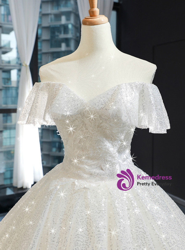 Ivory White Ball Gown Tulle Sequins Off the Shoulder Appliques Wedding Dress With Train