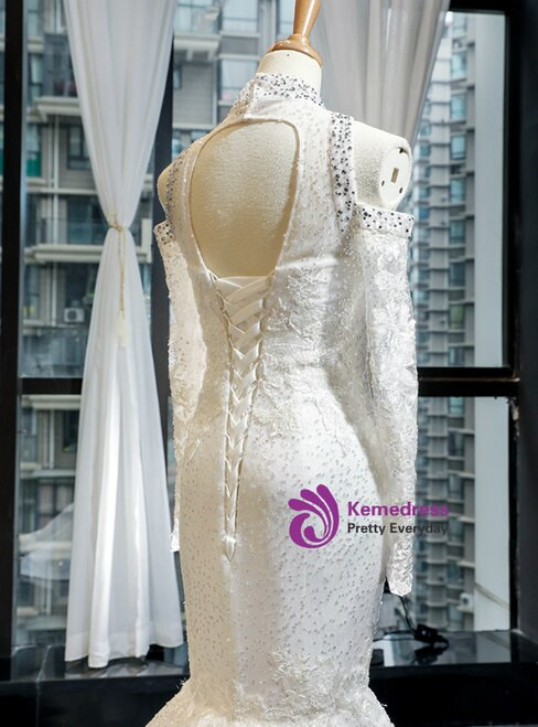 Sexy Ivory White Mermaid Long Sleeve Backless High Neck Tulle Sequins Wedding Dress