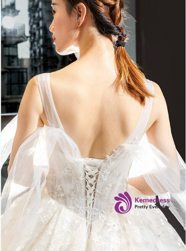 White Ball Gown Tulle Star Embrodiery Lace Backless Luxury Wedding Dress