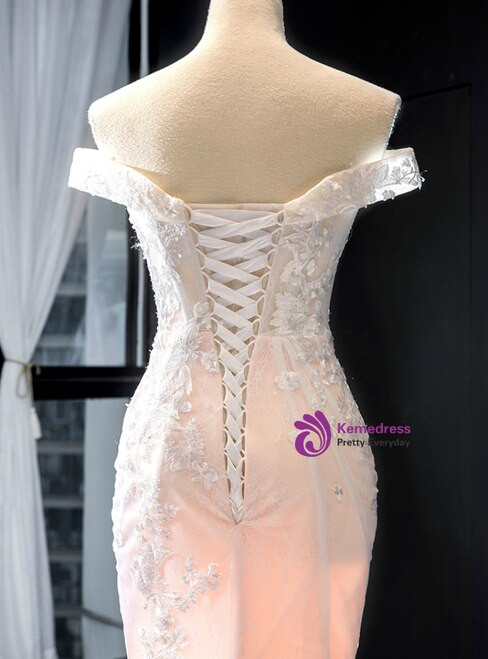 Sexy Champagne Mermaid Tulle Appliques Off the Shoulder Wedding Dress