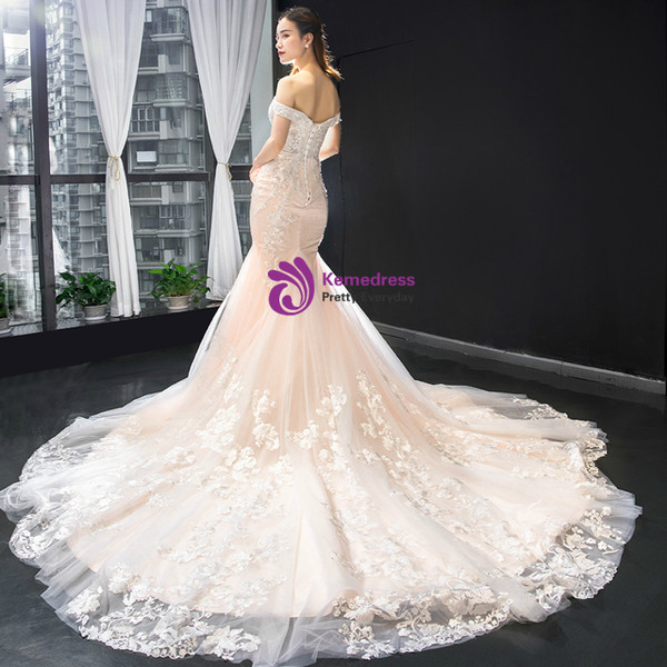 Sexy Champagne Mermaid Tulle Appliques Off the Shoulder Wedding Dress