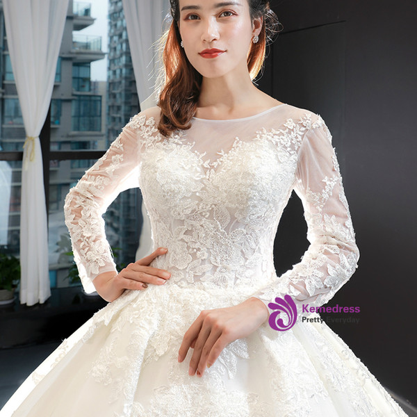 Stylish White Ball Gown Long Sleeve Tulle Appliques Wedding Dress 