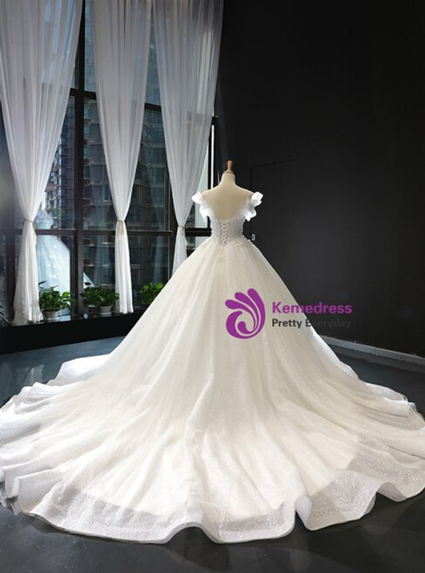 Brilliant White Ball Gown Tulle Sequins Appliques Backless Wedding Dress