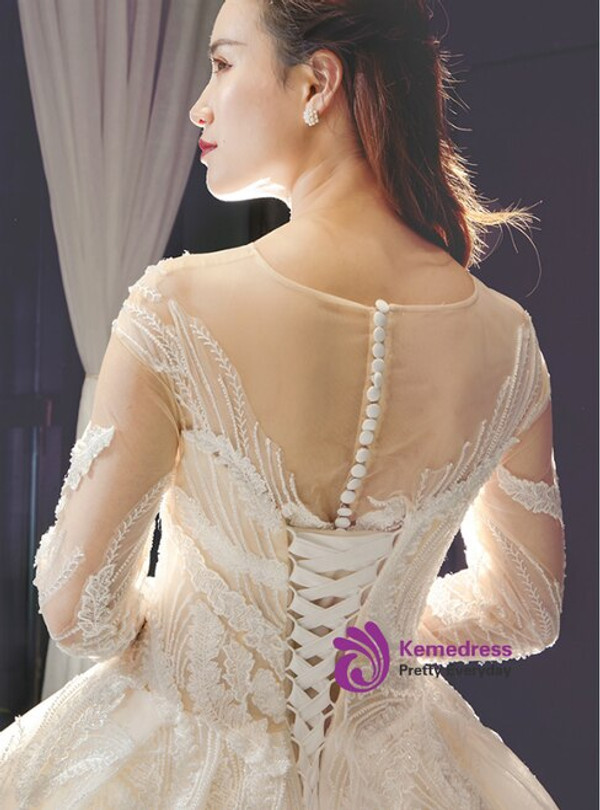 Champagne Ball Gown Tulle Appliques Long Sleeve Appliques Wedding Dress