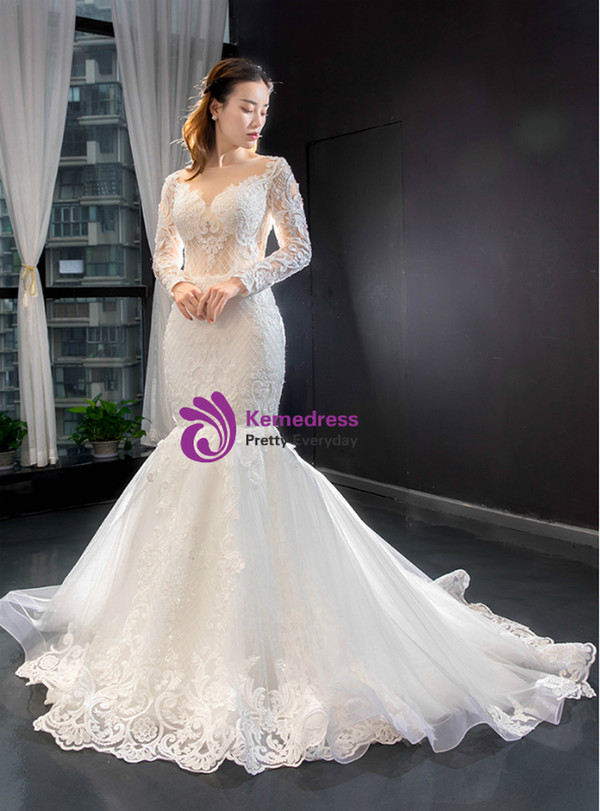 White Mermaid Tulle Lace Long Sleeve Backless Wedding Dress With Removable Train