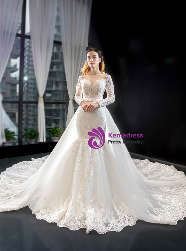 White Mermaid Tulle Lace Long Sleeve Backless Wedding Dress With Removable Train