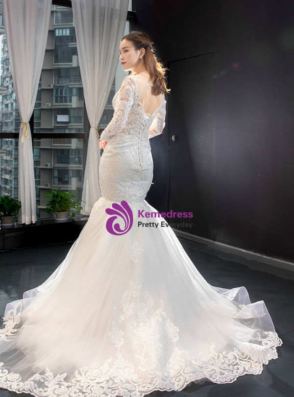 White Mermaid Tulle Lace Long Sleeve Backless Wedding Dress With Removable Train