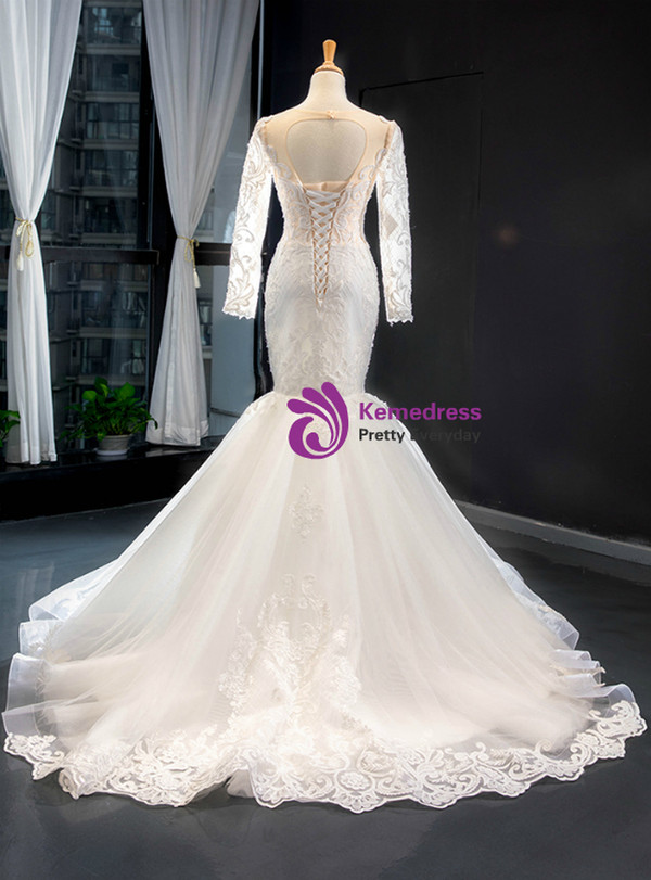 White Mermaid Tulle Lace Long Sleeve Backless Wedding Dress With Removable Train