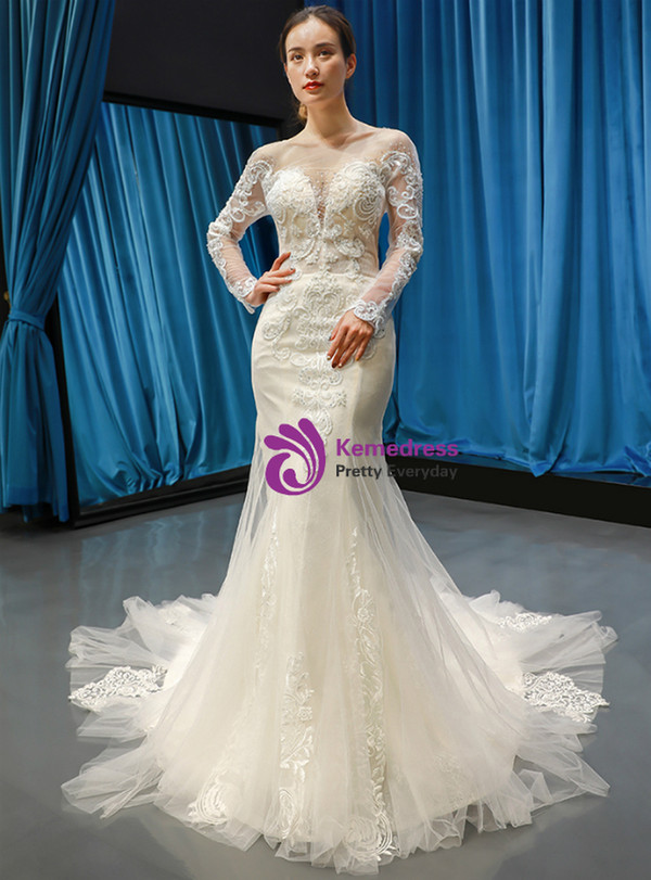 Ivory White Tulle Mermaid Appliques Beading Sequins Long Sleeve Wedding Dress