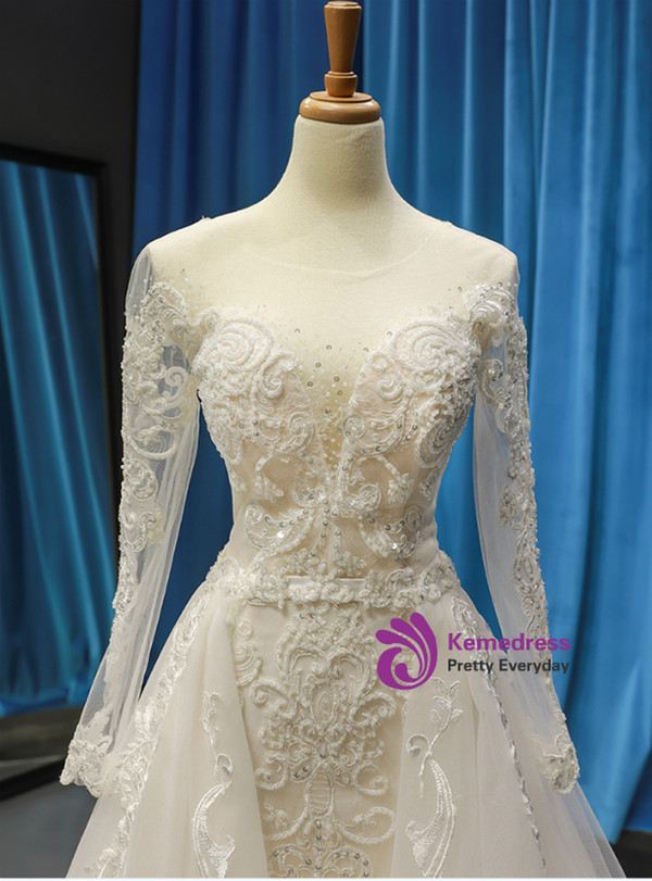 Ivory White Tulle Mermaid Appliques Beading Sequins Long Sleeve Wedding Dress