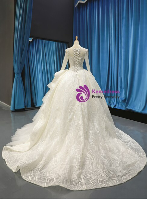 Ivory White Ball Gown Tulle Lace Bateau Long Sleeve Wedding Dress With Litter Train