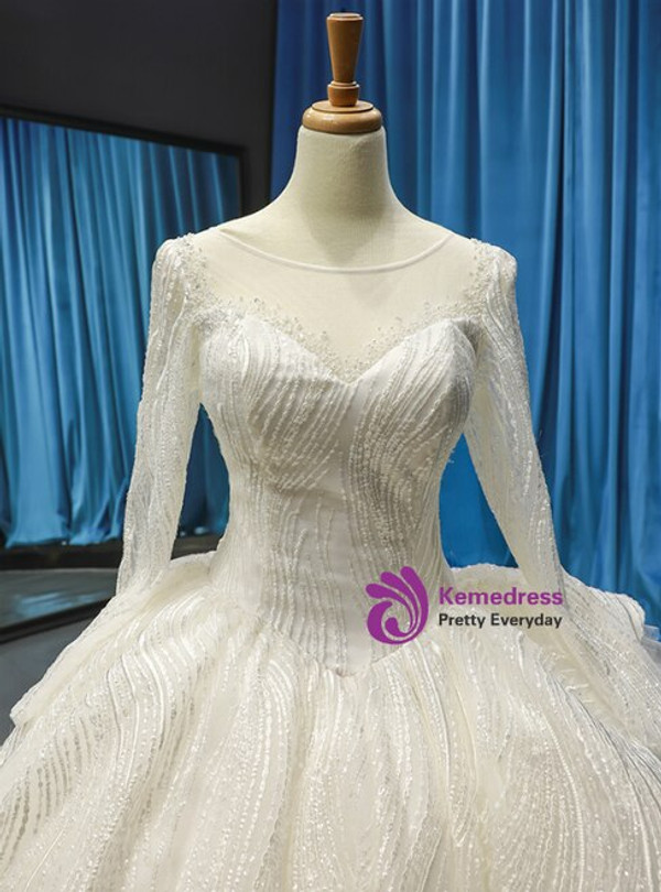 Ivory White Ball Gown Tulle Lace Bateau Long Sleeve Wedding Dress With Litter Train