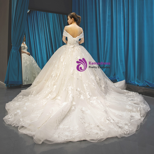 Ivory Tulle Embroidery Appliques Off the Shoulder Wedding Dress With Train