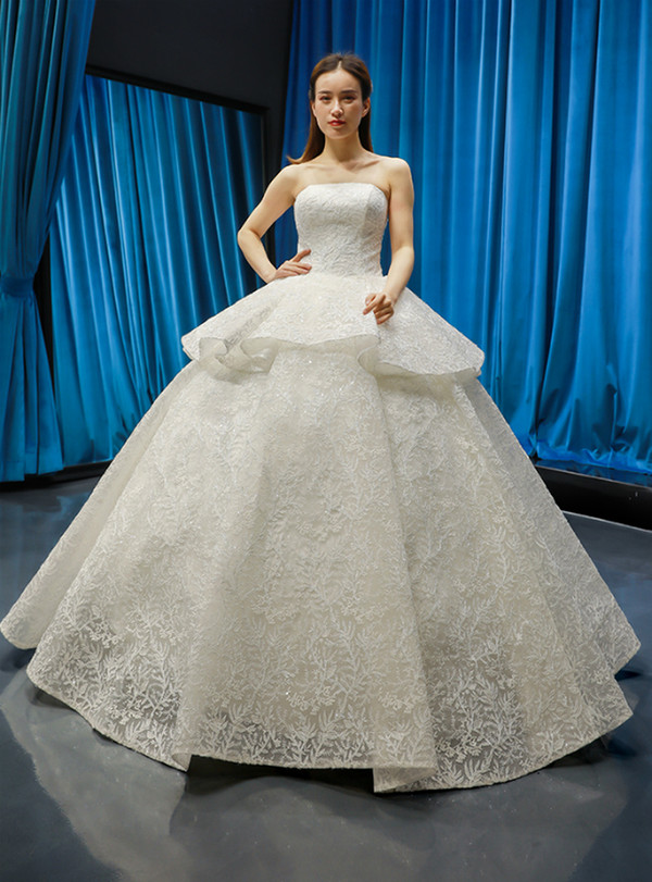 White Ball Gown Lace Sequins Strapless Sleeveless Floor Length Wedding Dress