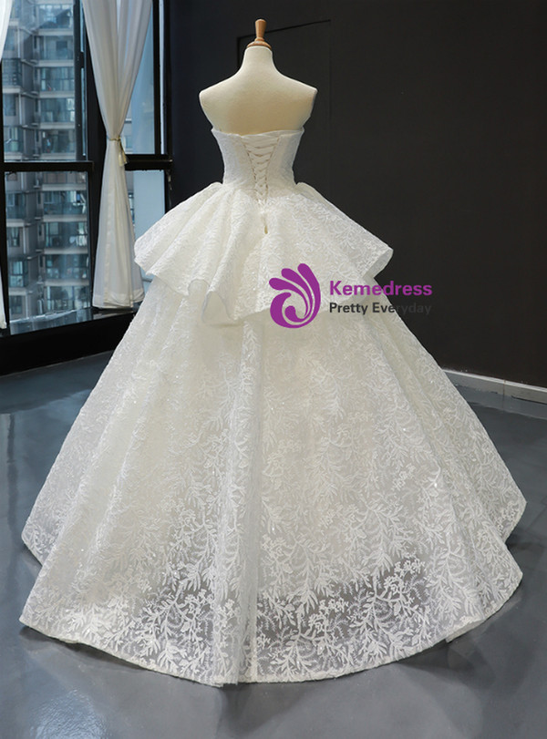 White Ball Gown Lace Sequins Strapless Sleeveless Floor Length Wedding Dress