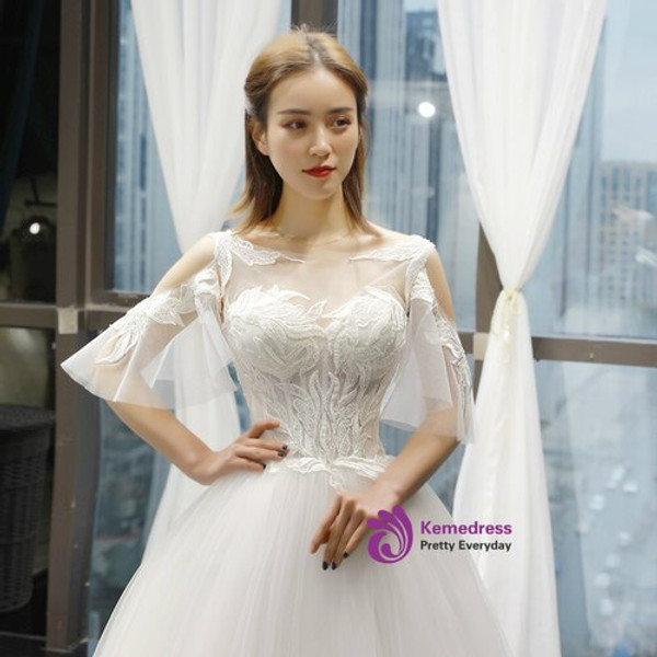A-Line White Tulle Appliques Cold Shoulder Backless Floor Length Wedding Dress