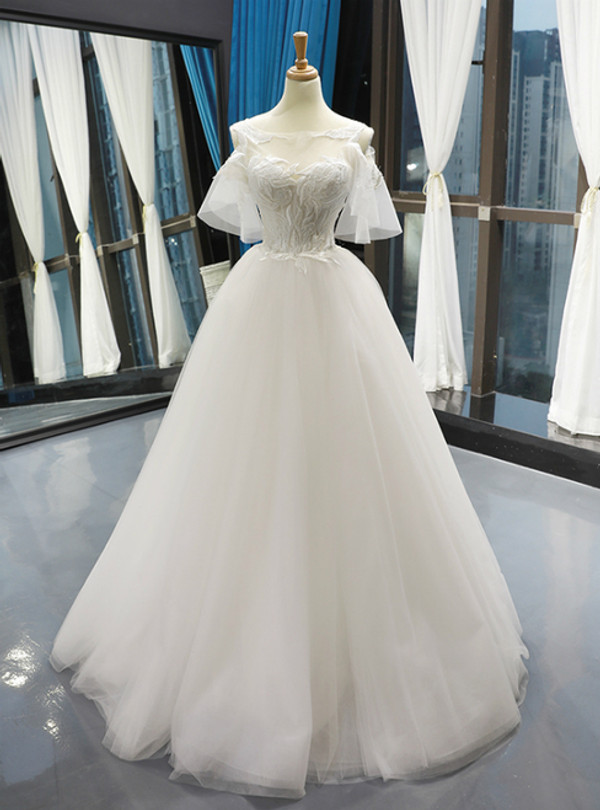 A-Line White Tulle Appliques Cold Shoulder Backless Floor Length Wedding Dress