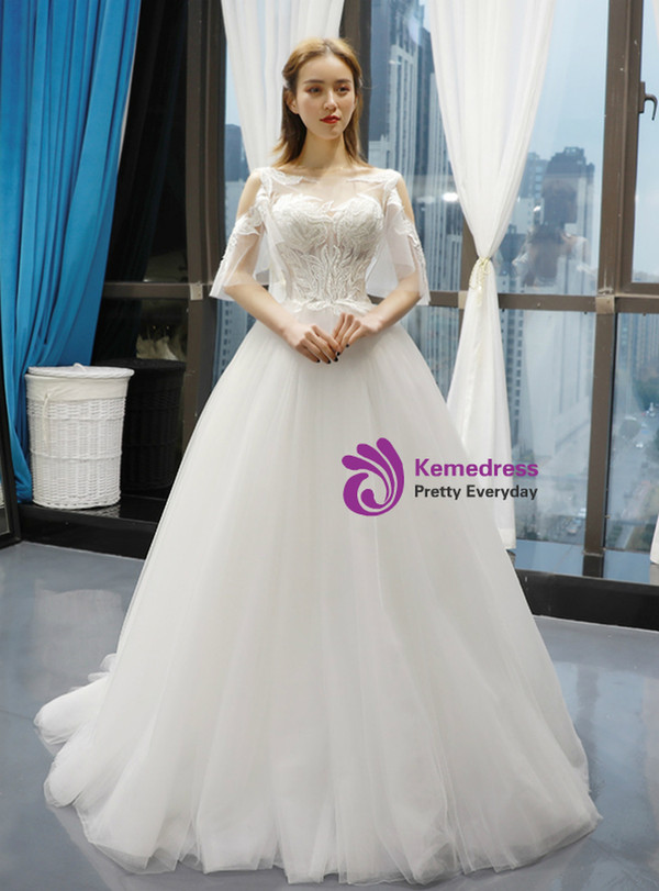 A-Line White Tulle Appliques Cold Shoulder Backless Floor Length Wedding Dress