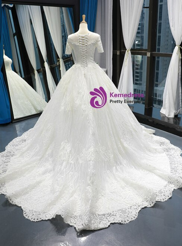 Marvelous White Ball Gown Tulle Appliques Short Sleeve Wedding Dress With Train