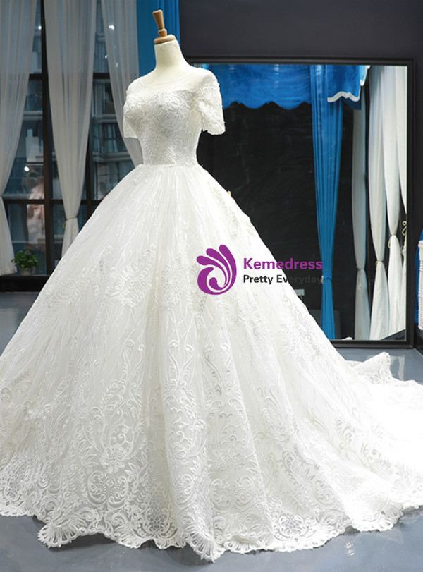 Marvelous White Ball Gown Tulle Appliques Short Sleeve Wedding Dress With Train