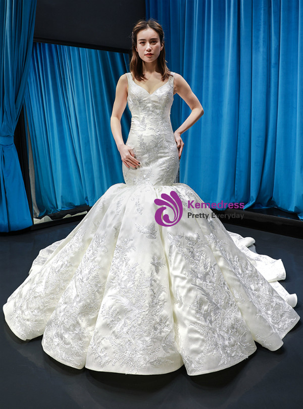Ivory White Mermaid Straps Satin Lace Appliques Wedding Dress With Train