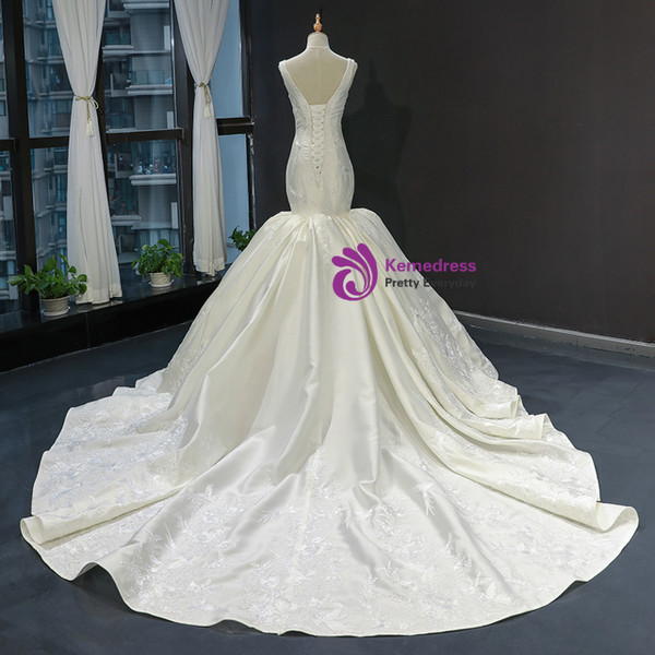 Ivory White Mermaid Straps Satin Lace Appliques Wedding Dress With Train