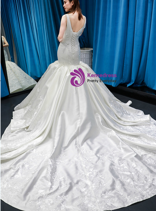 Ivory White Mermaid Straps Satin Lace Appliques Wedding Dress With Train