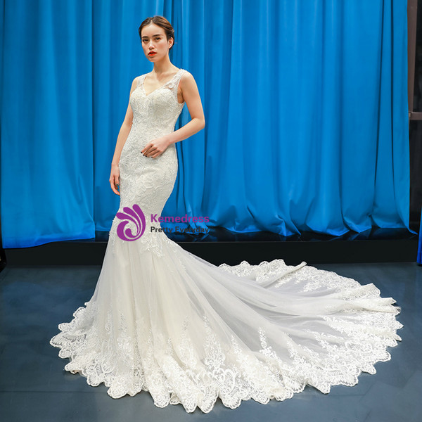 Elegant White Mermaid Tulle Lace Appliques V-neck Wedding Dress