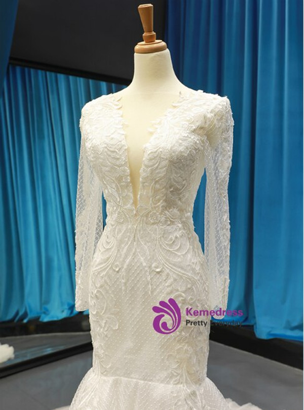 White Mermaid Tulle Appliques Deep V-neck Long Sleeve Backless Wedding Dress